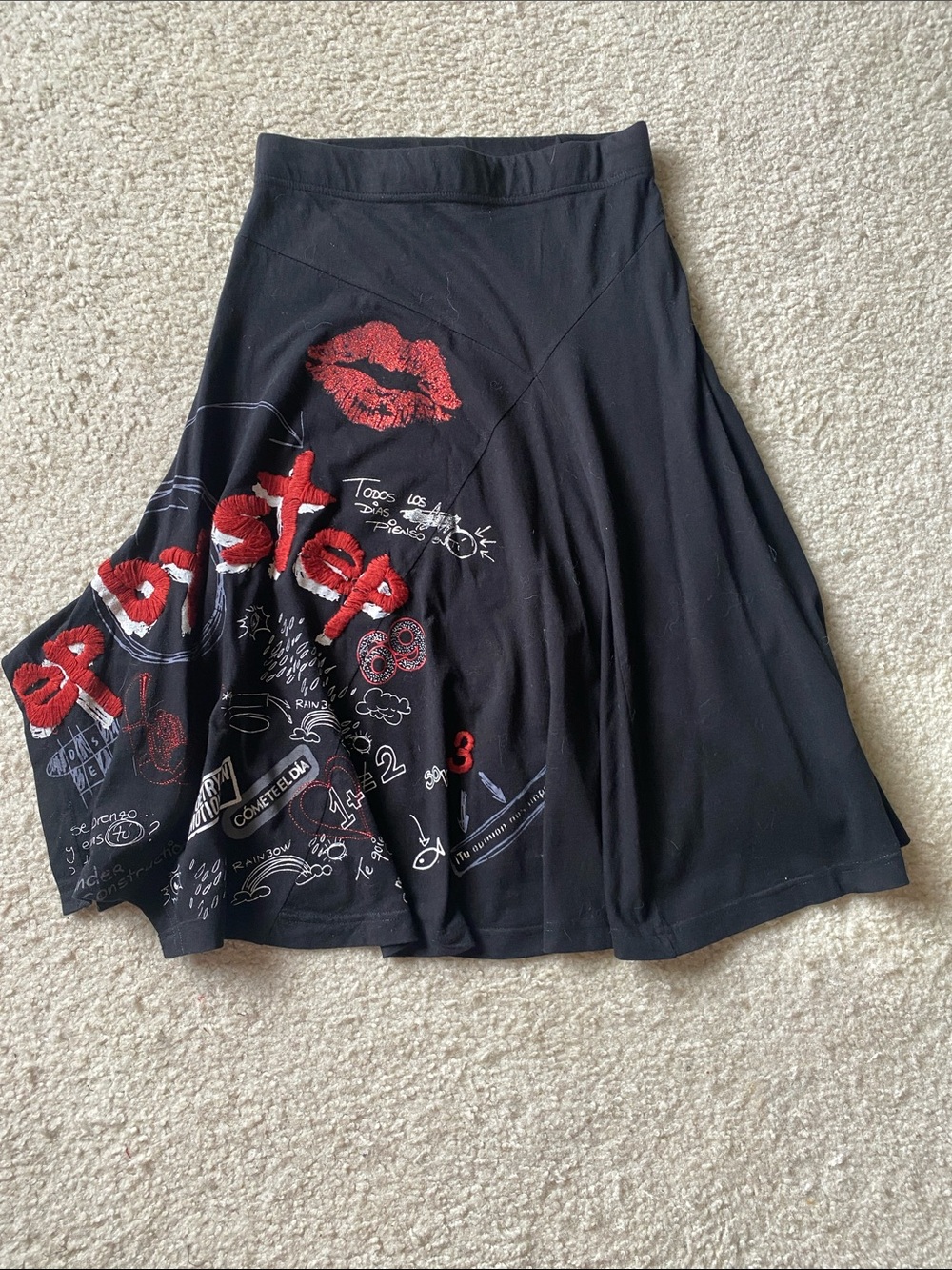 Desigual cotton jersey skirt with embroidery and metallic print, size XS